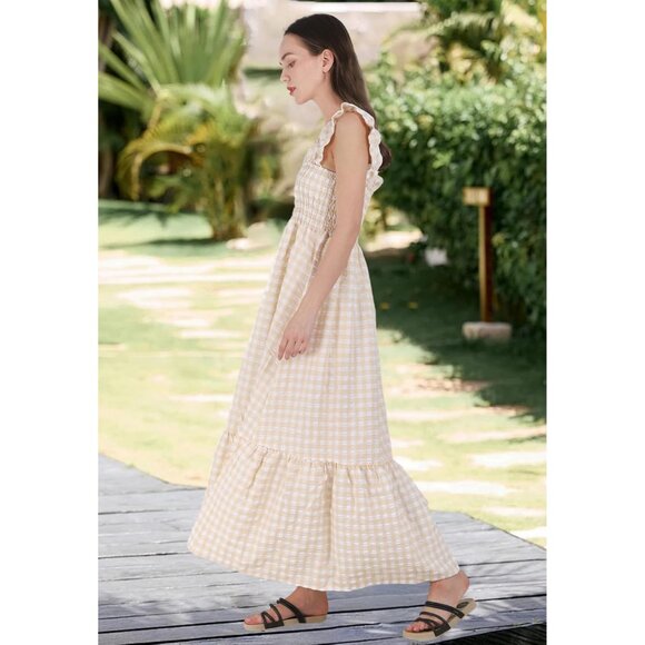 Flattering Women's Cotton Plaid Smocked Dress - Spaghetti Strap Flounce Style - Picture 4 of 6